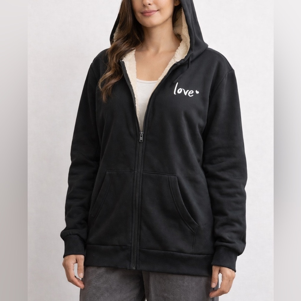 Black Love Sherpa-Lined Full-Zip Hoodie Jacket Cozy & Warm – New Without Tags